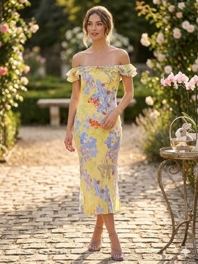 Cartise Floral Print Handkerchief Hem Sun Dress Yellow vintage